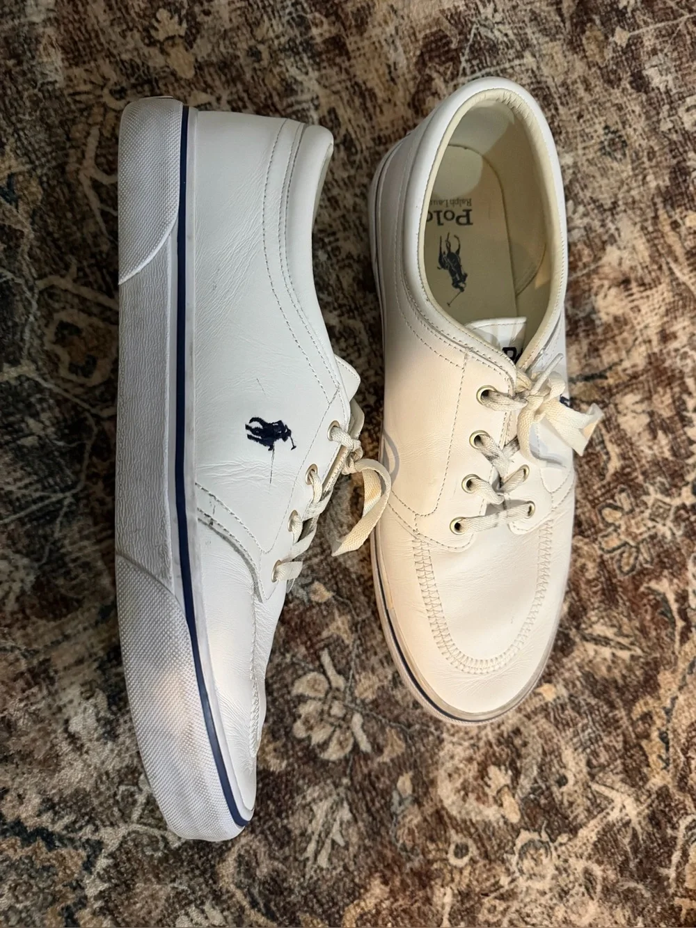 Polo by Ralph Lauren Men’s White leather Faxon X Sneakers with Navy Logo